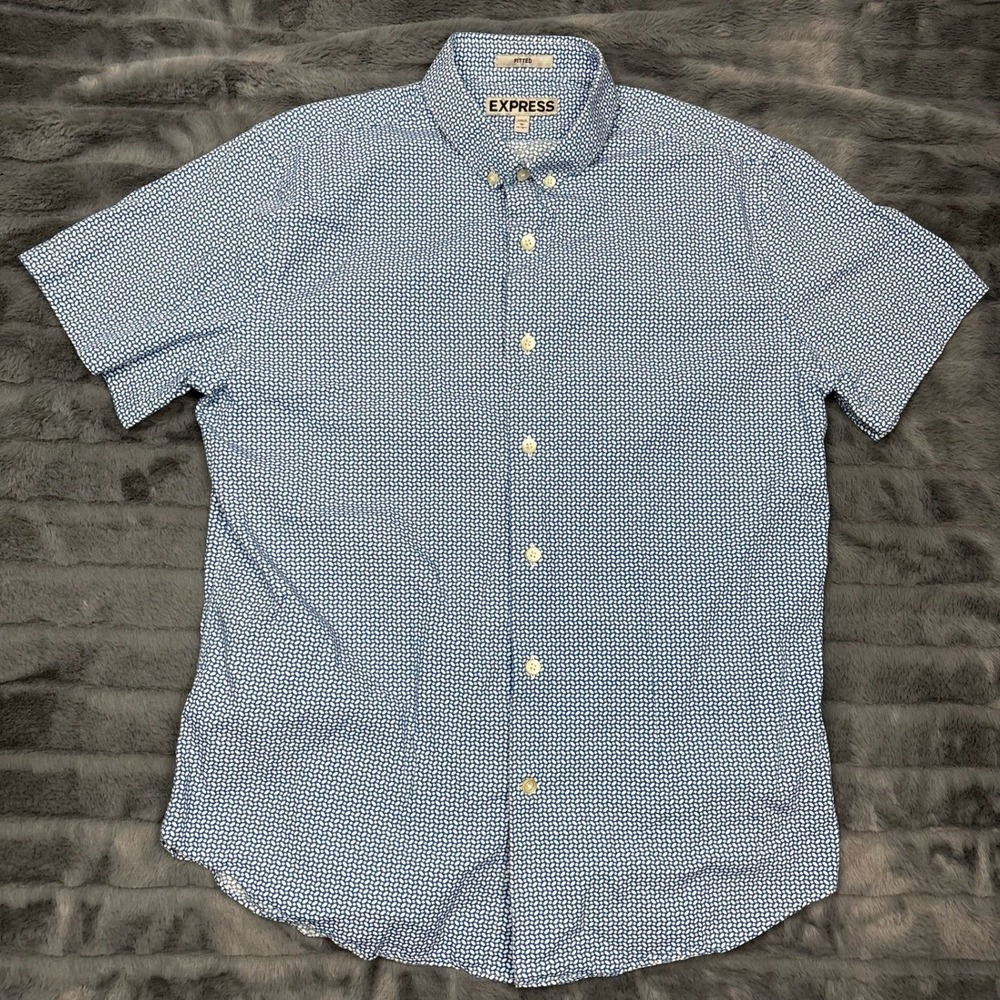 Express Mens Fitted Short Sleeve Button Down Shirt Blue Geometric Print Size M